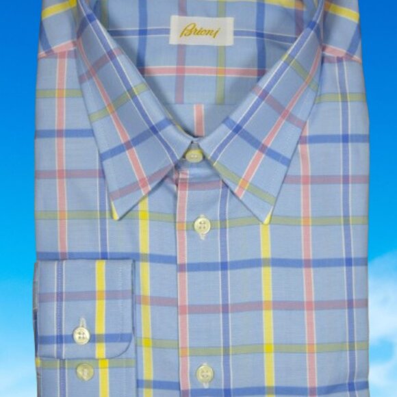 $950 NEW BRIONI DRESS SHIRT BLUE SALMON PINK PLAID CHECK HAND MADE XL 43 17 - Picture 4 of 11